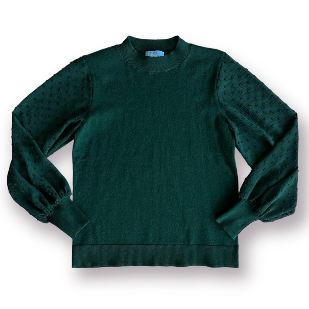 CeCe Forrest Green Long Puff Sheer Sleeve Crewneck Close Knit Sweater Womens S